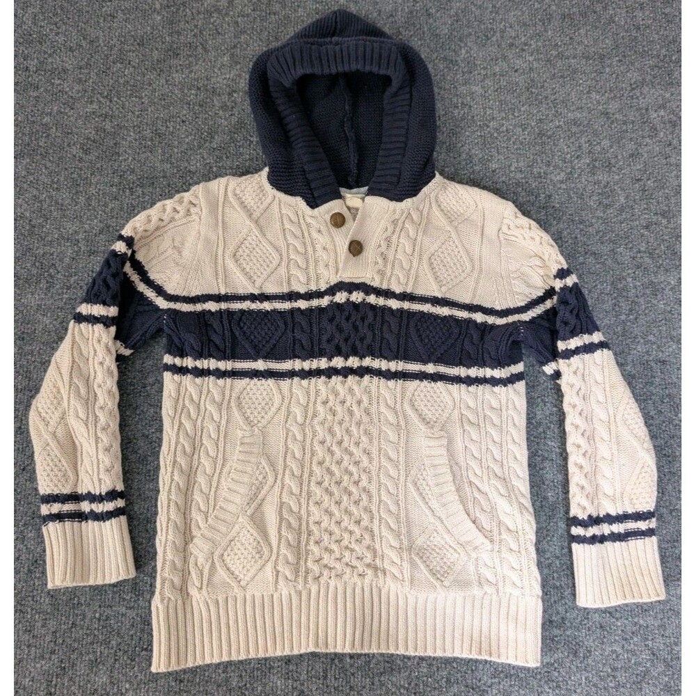 Hope & Henry Boys Cable Knit Organic Cotton Button Pullover Sweater Hooded XS